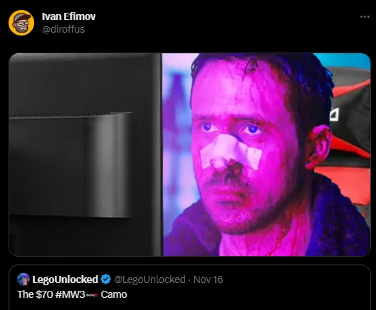 Ryan Gosling's blank stare meme reaction to Modern Warfare 3's $70 gun skin