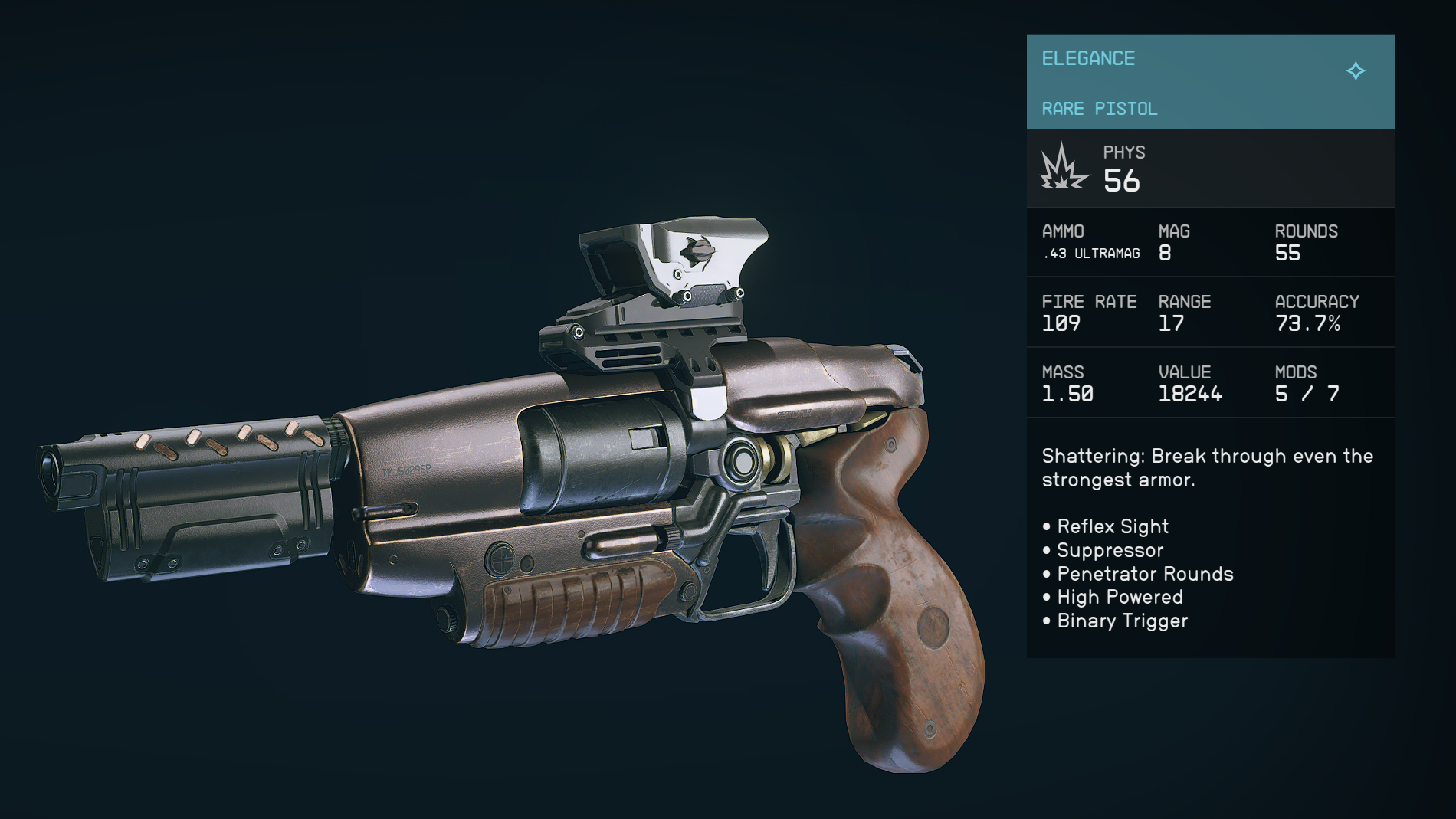 The Elegance pistol from Starfield, a rare and powerful weapon