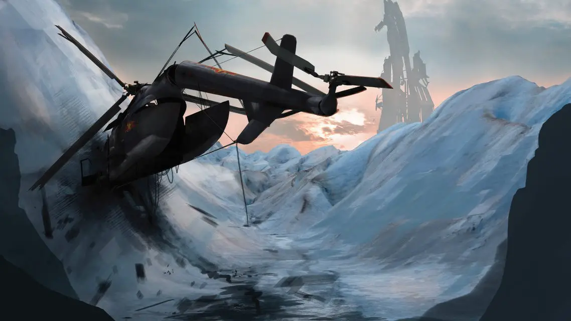 Concept art of the Borealis ship in an icy landscape, potentially from Half-Life 2: Episode 3