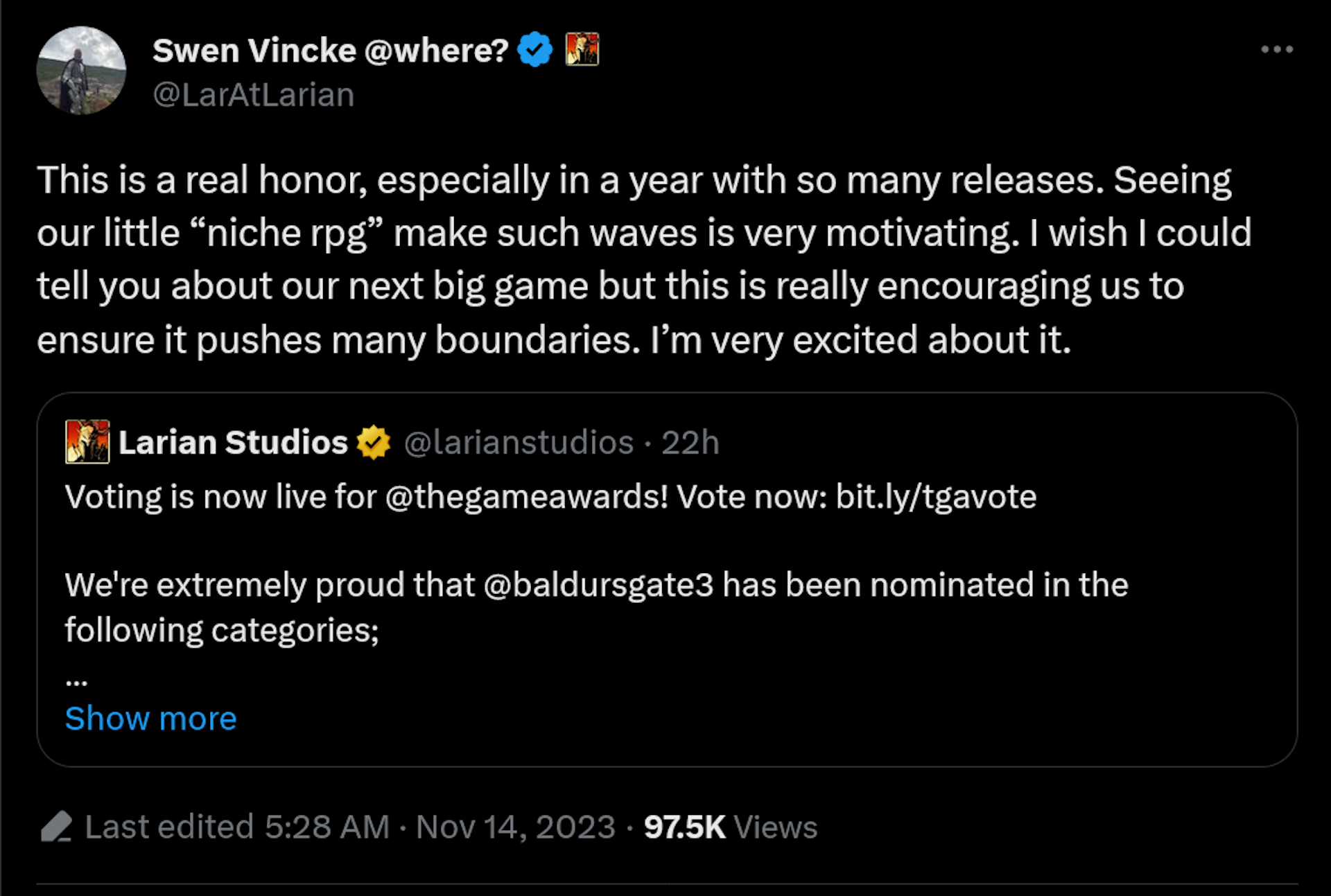 Swen Vincke expressing his excitement for Larian Studios' next project on Twitter