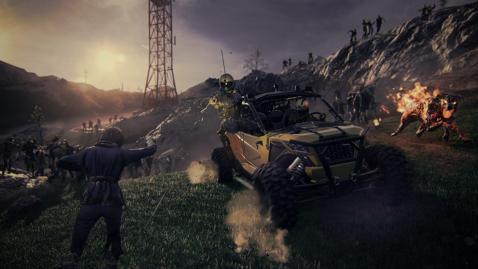 Modern Warfare 3 zombies mode featuring players in a buggy chasing a Mercenary Convoy