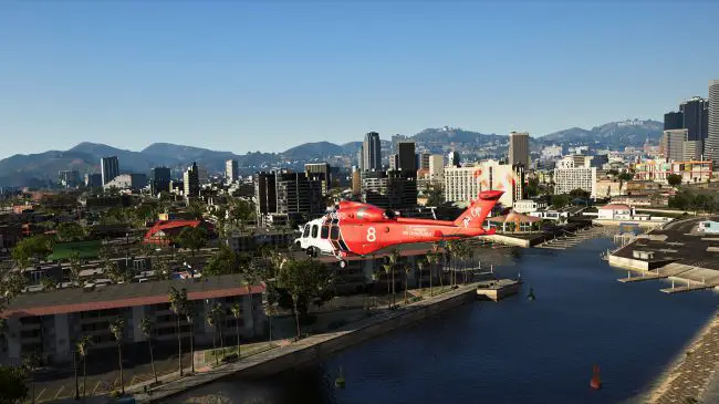 Helicopter view over a detailed cityscape in GTA