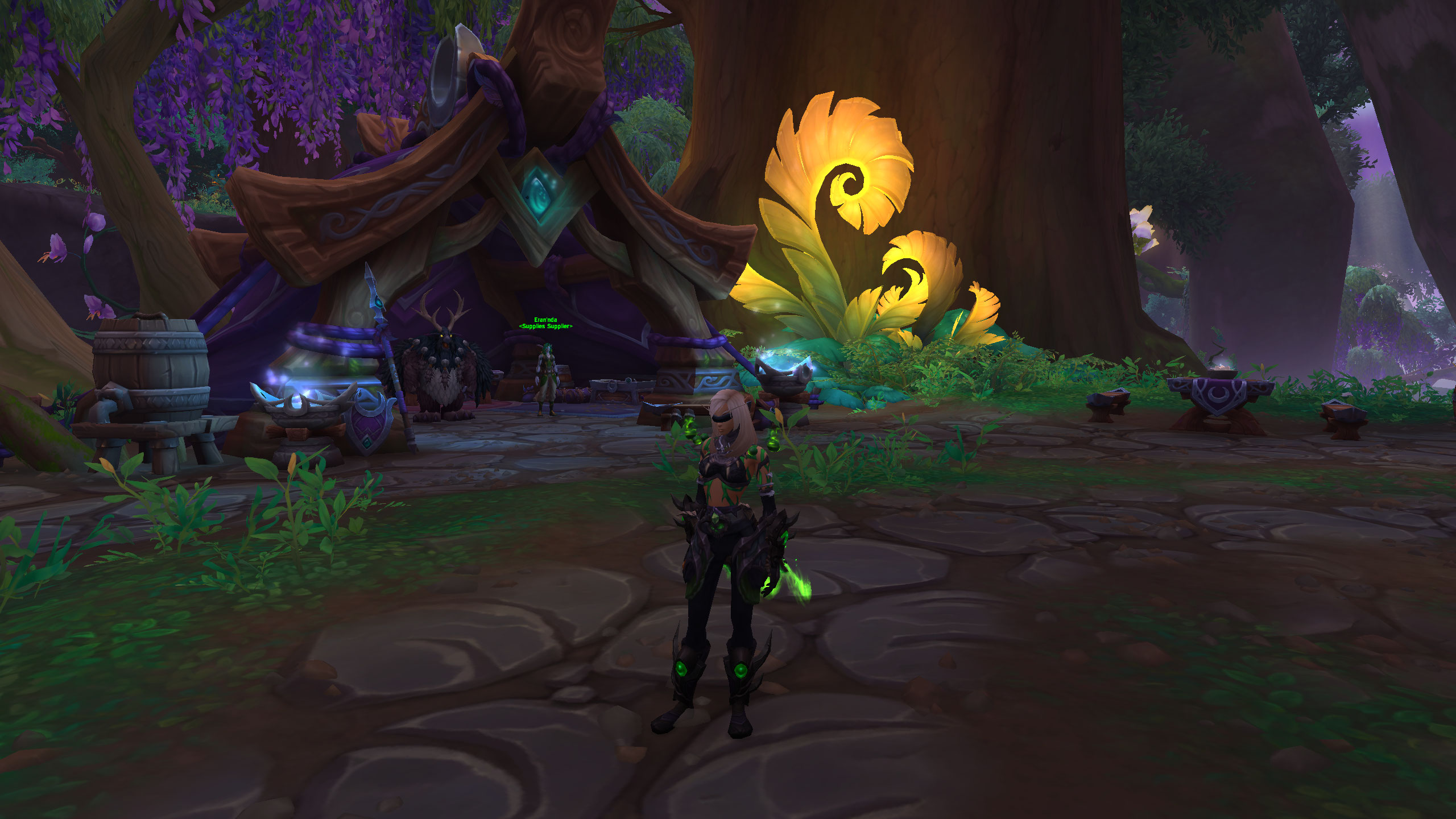 A blood elf stands near the hut where the Great Crates quest is picked up in World of Warcraft: Dragonflight