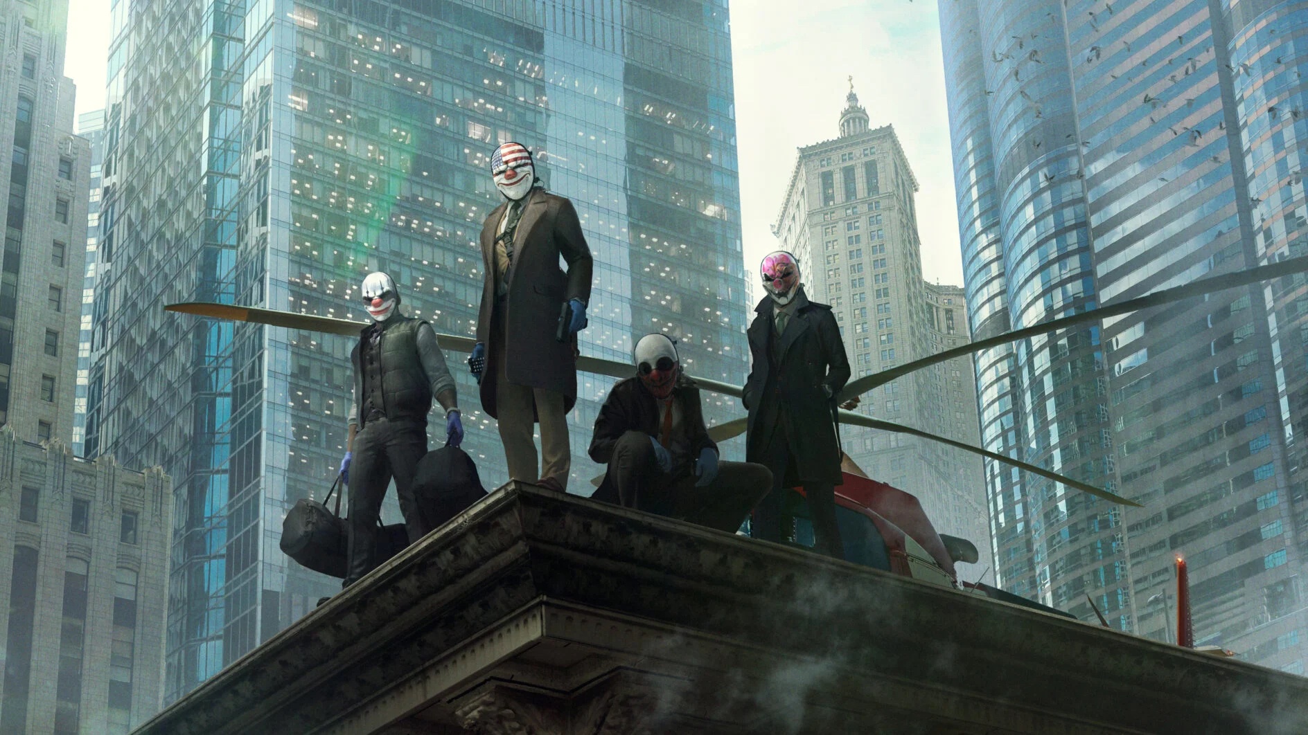 Payday 3's criminal protagonists stand on a rooftop overlooking a city