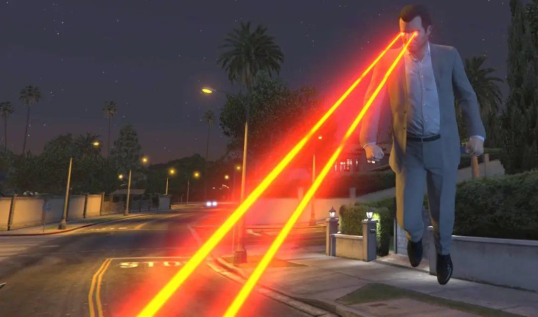 A modded scene in GTA showing a character with superpowers