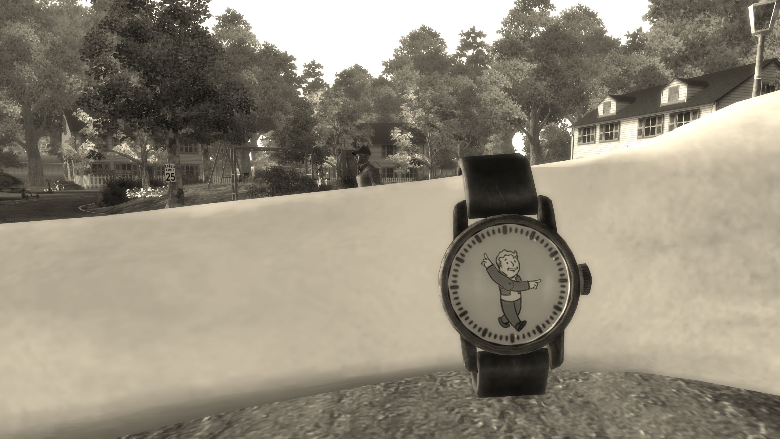 Vault Boy wristwatch symbolizing the passage of time in Fallout 3's Tranquility Lane