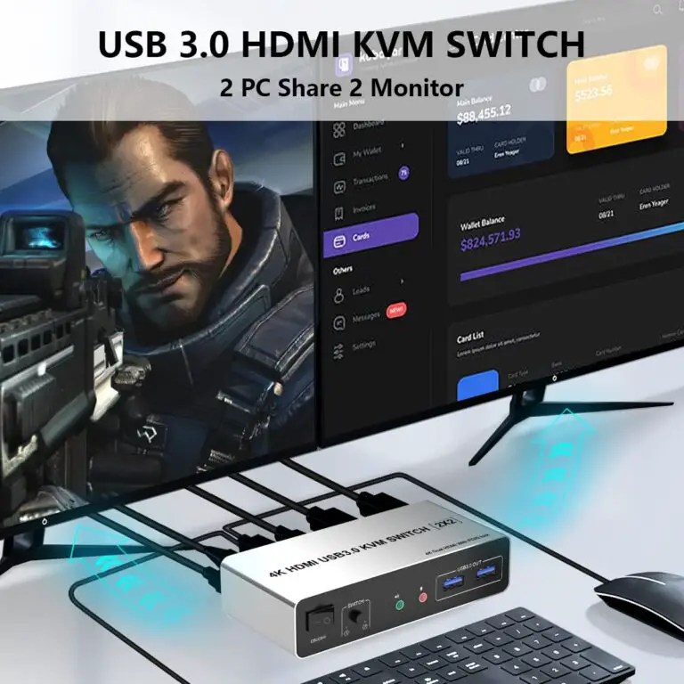 Front view of the USB 3.0 KVM Switch showing ports and indicators