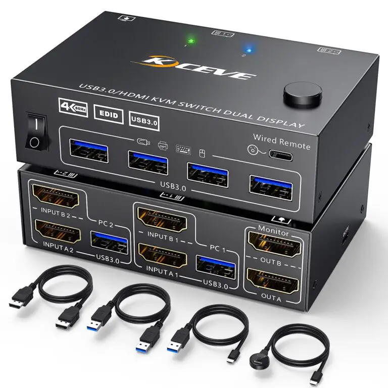 KVM HDMI Switch showcasing dual monitor support and USB 3.0 ports