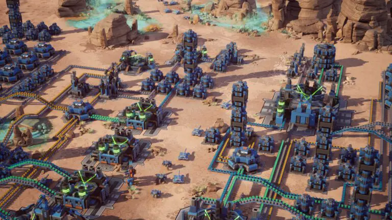 A sprawling machina factory with conveyor belts and factory hubs in an RTS game setting