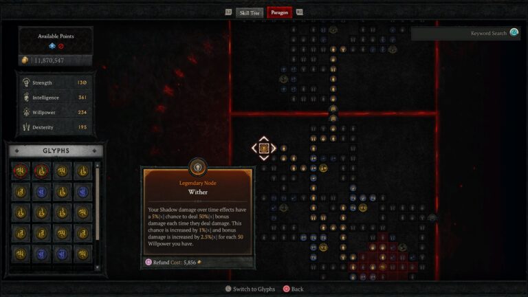 Diablo 4 Paragon Board showcasing the intricate layout and legendary nodes