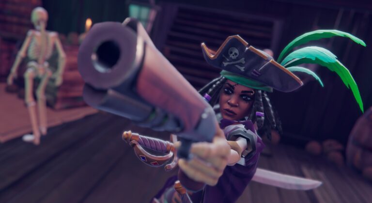 Shadow Gambit: The Cursed Crew gameplay featuring Afia pointing a gun