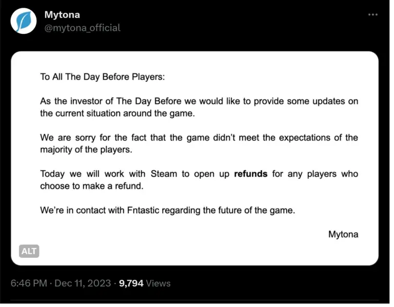 Mytona's Twitter statement on The Day Before offering refunds