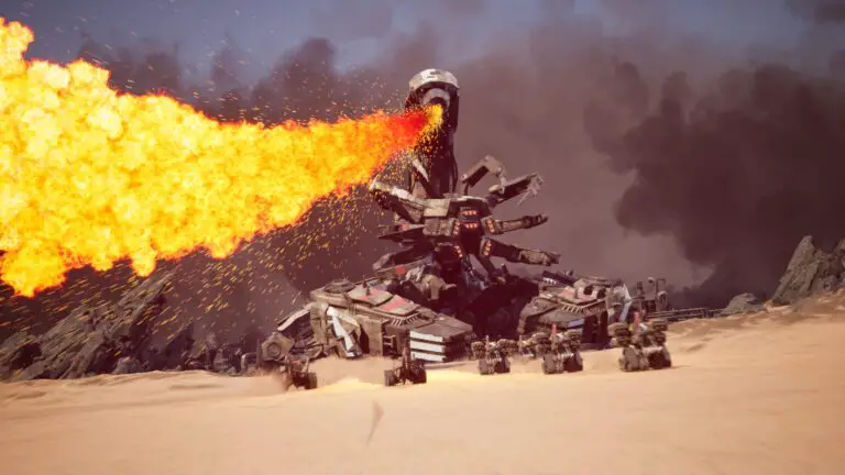 A scorpion mech unit unleashing a jet of flame in Industrial Annihilation, representing the game's strategic combat