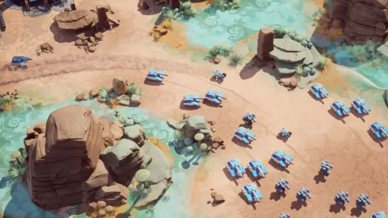 Tanks navigating through a battlefield in Industrial Annihilation, showcasing the game's RTS elements