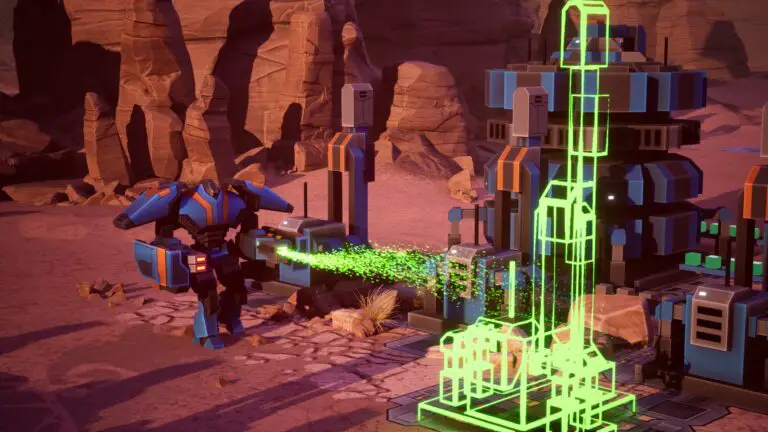 A robot constructing a structure in Industrial Annihilation, highlighting the game's base building feature