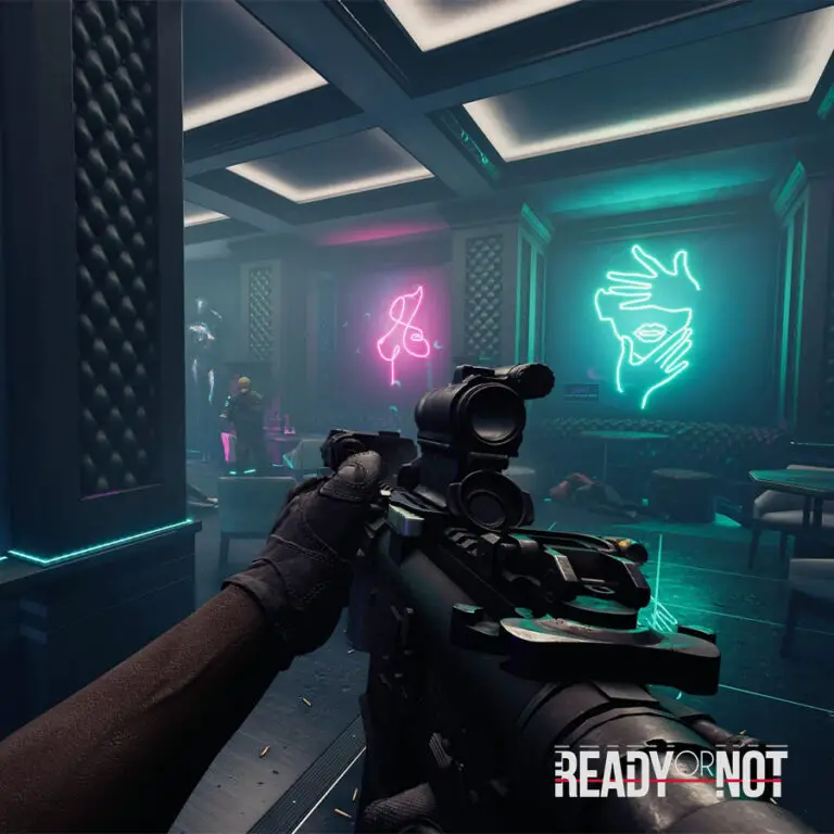 A tense mission scenario in Ready or Not, showcasing a SWAT team preparing to breach in a nightclub