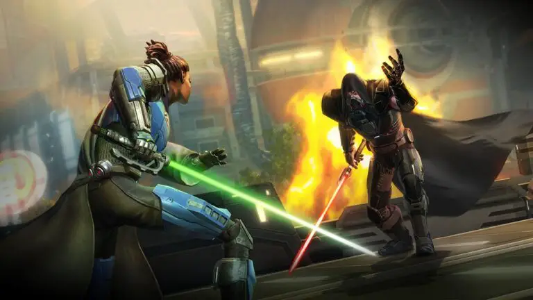 A lightsaber duel in Star Wars: The Old Republic, an MMORPG that transitioned to a freemium model