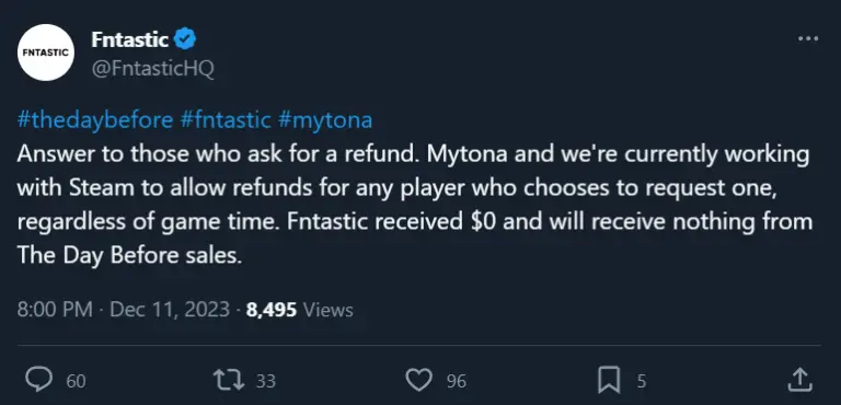 Fntastic's announcement on Twitter regarding refunds for The Day Before